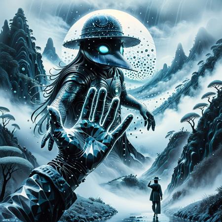 Fractangles, made out of fractangles, Studio Ghibli Dark Fairytale,
The image shows a large hand, the outline of which is blurred and superimposed on a foggy background, creating a surreal and dreamlike atmosphere. The hand is transparent, allowing you to see through it a human figure walking on a hill within the palm of your hand. The figure appears to be wearing a hat, and it is positioned in the center of the hand, creating a sense of scale and perspective. The background is a mixture of fog and water droplets, which gives the scene an unearthly quality. The hand seems to say goodbye to the figure. The overall color scheme is monochrome, with a predominance of shades of gray, enhancing the mysterious and contemplative mood of the image.