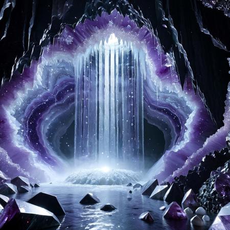 A surreal, hyper-detailed tunnel carved into a massive geode cavern — walls glitter with giant amethyst, quartz, and opal crystals jutting out in fractal formations. A river of molten glass flows down the center like glowing liquid fire, shimmering with iridescent colors, refracting light into rainbow beams that dance across the cavern. Faint mist rises where the molten glass meets the cool crystal air, creating an ethereal atmosphere. Floating crystal shards hover over the river, dripping glowing droplets of molten silica back into the flow. Everything is cinematic, high definition, unreal engine style, with macro shots of tiny crystal details, sparkles, and magical light flares.