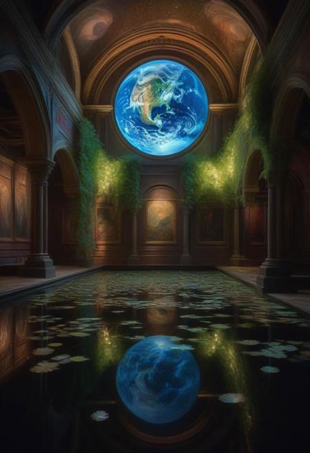 detailed earth globe floating with moon, water art, leaves and electric lights, in a gothic abandonned museum with pelnety of colorfull leaves on the walls , Intricate, Complex contrast, HDR, Sharp, soft Cinematic Volumetric lighting, flowery pastel colours, wide long shot, perfect masterpiece, artwork by Gabriel Dawe and carne griffiths