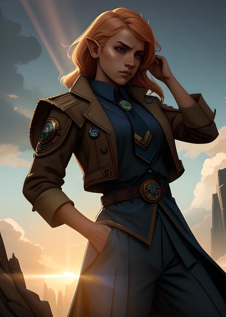 a girl, <lora:half-elf_ears_v1:0.7> half-elf ears, detailed face, frowning
jacket, tie, modern trousers, holding medallion, glowing artifact
hostile giants surrounds, beautiful sky
soft light, rays, dramatic lighting, volumetric lighting
digital art