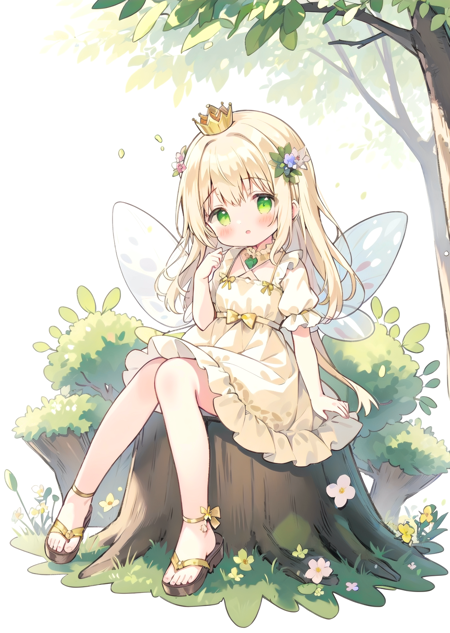 1girl fairy sitting on stump in the forest, (four transparent fairy wings), the girl wearing short puff sleeves, light yellow dress simple frill dress, sandal, small crown on angle head, colorful flowers,  sunlight through from trees, (long beige hair), green eyes,