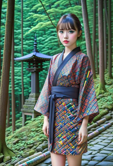 masterpiece, best quality, ultra detailed, HDR, photorealism, sfw, A girl, black mini yukata, pretty face, (the patterns appear like layers of colored pencils:1.35), the girl looking at camera, landscape, nature, forest, japanese mountainside, night, HDR, pale skin, (black bold eyeliner, makeup:1.1334), very detailed radiant eyes, detailed lips, detailed face, cute, pretty, bangs, posing elegantly, in shinto temple, the backdrop should be of a forest, it should be at night, fullbody shot, <Pencil_morph_style-000008:1.55>