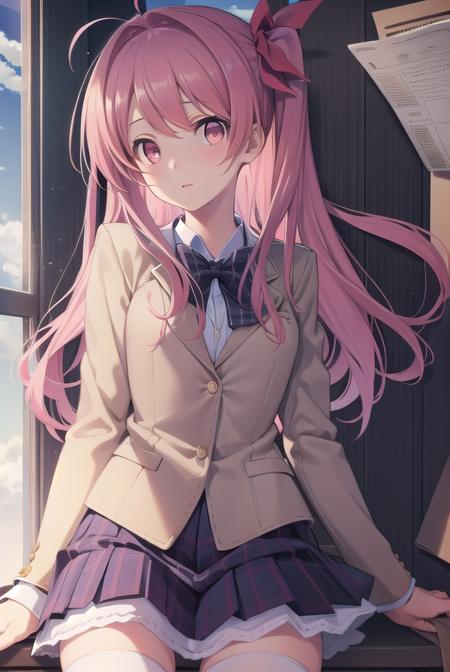 rimisakihata, <lora:rimisakihatatest:1>, 
rimi sakihata, long hair, one side up, pink hair, (pink eyes:1.5), hair ribbon, ahoge,
BREAK school uniform, serafuku, thighhighs, zettai ryouiki,
BREAK looking at viewer, 
BREAK indoors, classroom, 
BREAK <lora:GoodHands-vanilla:1>, (masterpiece:1.2), best quality, high resolution, unity 8k wallpaper, (illustration:0.8), (beautiful detailed eyes:1.6), extremely detailed face, perfect lighting, extremely detailed CG, (perfect hands, perfect anatomy),