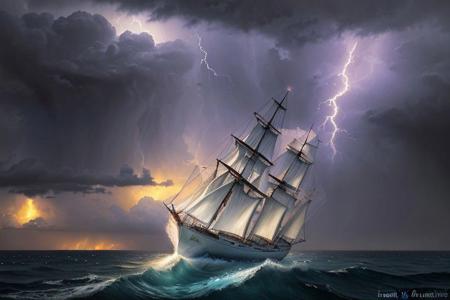 sailboat, storm, lightning, clouds, HDR (High Dynamic Range), Ivan Aivazovsky, Maximum Clarity And Sharpness, Multi-Layered Textures,nightsky background,