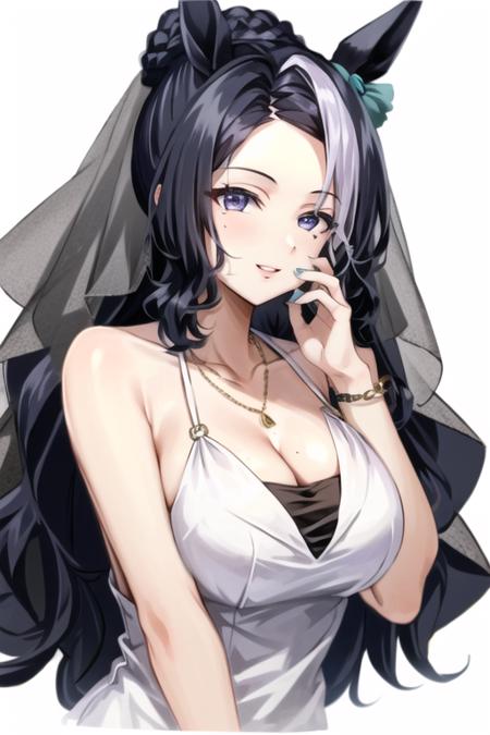 <lora:MejiroRamonu-09:0.7> , mejiro ramonu, 1girl, solo, looking at viewer, smile, large breasts, simple background, black hair, white background, dress, animal ears, cleavage, bare shoulders, jewelry, purple eyes, collarbone, upper body, purple hair, white hair, parted lips, sleeveless, hand up, necklace, hair bun, nail polish, white dress, mole, bracelet, streaked hair, mole under eye, sleeveless dress, single hair bun, horse ears, horse girl, veil, hand on own face, wedding dress, green nails