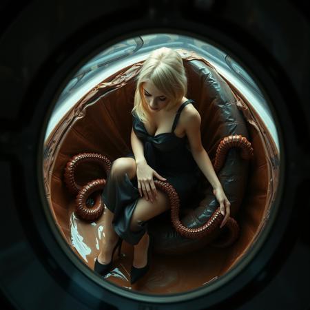 Beautiful blonde french gagged maid is seen through giant observation blister of flying saucer. She wears flirty black glossy satin outfit and high heels, kneeling entangled with tentacles , positioned inside leather slime covered xenomorph alien hatched egg, filled with glossy liguid slime.  flying saucer cabin, observation blister. Cinematic film still, shot on v-raptor XL, film grain, vignette, color graded, post-processed, cinematic lighting, 35mm film, live-action, best quality, atmospheric, a masterpiece, epic, stunning, dramatic. view  from above, view outside flying saucer