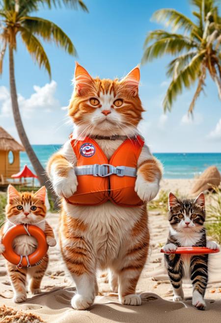 fluffy orange tabby fat cat wearing baywatch uniform walking guiding kittens wearing lifebuoy, beach in the background, morning,beach, there is a coconut tree far in the background, sand castle in side, voley cat, cat and kittens standing and walking like human and children,