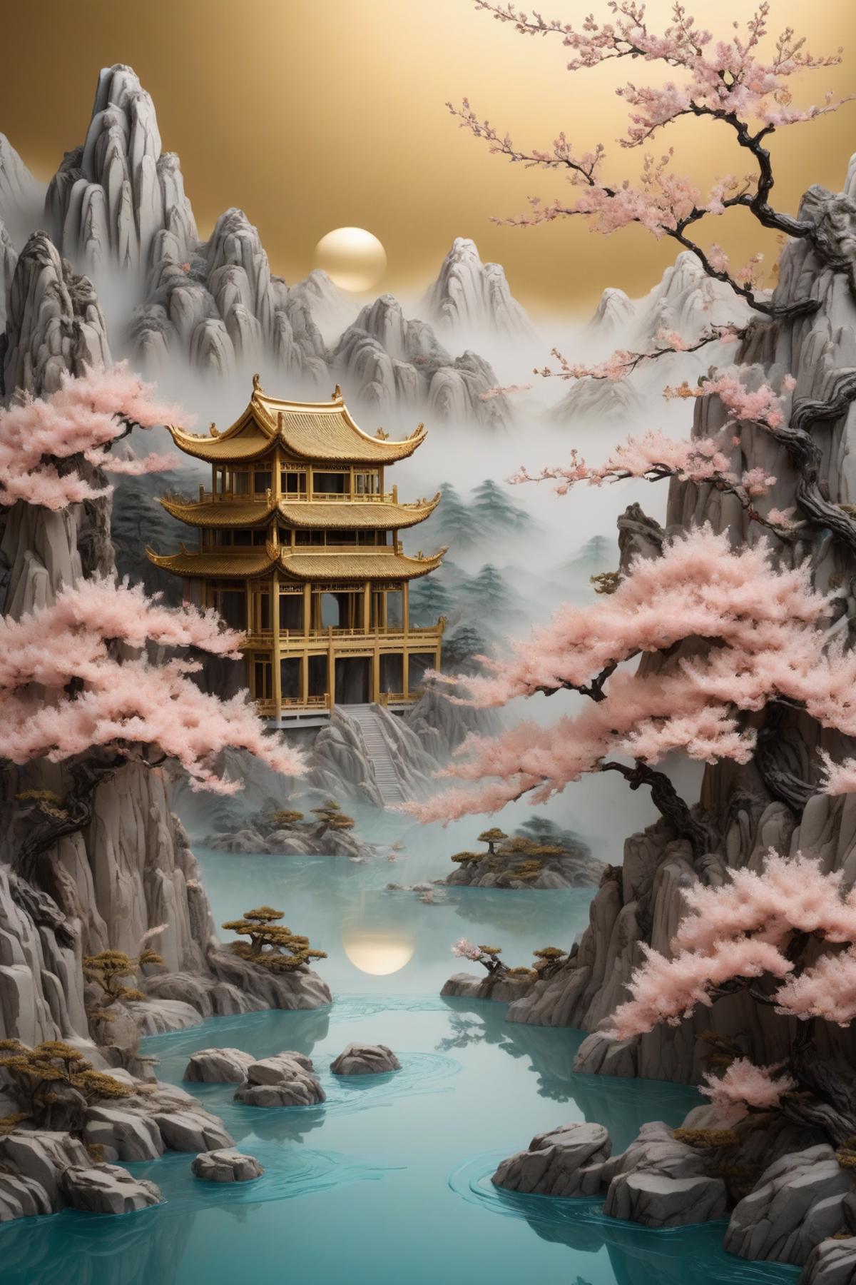A serene scene with a palace, water, and cherry blossoms.