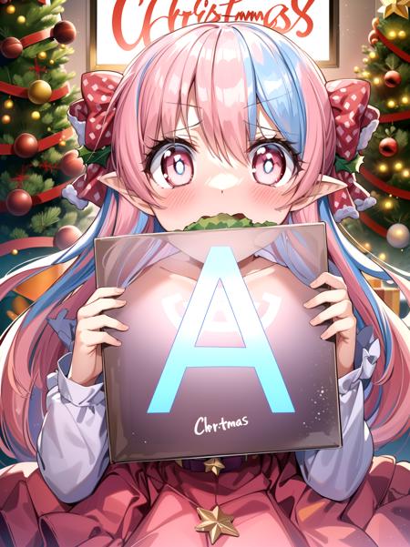 (Red Christmas dress:1.3), Christmas hair ornament, (glowing Christmas tree:1.3), (blush:1.2), Innocent, (shy:1.2), cute, Flat, Medium hair, Skirt, masterpiece, best quality, Side ponytail, (light pink hair:1.3), (gradient hair:1.0), white horns, Pointy ears, layered, frills, bare shoulders, sleeves, (Light blue hair:1.2), (Glowing sign text:1.3)