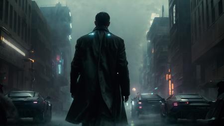 ((masterpiece:1.5)), {best quality}, Man wearing long coat holding a gun facing away with Lamborghini concept cars on a cyberpunk street in the style of Blade Runner, ((bladerunner2049)), flying cars in the background, man wearing long coat with back turned, tall buildings, street, city, ((gun in hand)), ((holding a gun)), highres, 8k, good lighting, cinematic, movie, ((colored heavy fog)), saturation, sharp image, lens flare, (wallpaper), award winning photography, ((wide angle photo:1.4)), high definition, epic, insanely detailed, hyper-realistic, super detailed, realistic, ((volumetric lighting:1.4)), <lora:Blade_Runner_Style:.4>