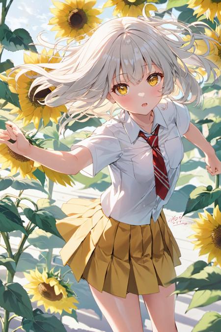 1girl, flower, solo, sunflower, skirt, yellow flower, looking at viewer, white shirt, navel, shirt, short sleeves, blush, multicolored eyes, school uniform, long hair, white hair, pleated skirt, bangs, outdoors, red eyes, necktie, blue skirt, red necktie, floating hair, blurry, midriff, orange flower