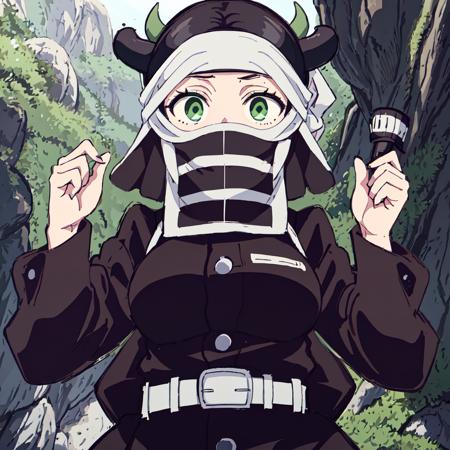 <lora:Kakushi_Girl-10:1>outdoor,forest,high quality,Masterpeace,Kakushi_Girl, 1girl, solo, black hair, green eyes, belt, horizontal stripes mask, black and white mask, white belt, demon slayer uniform,bandana,short hair,forehead