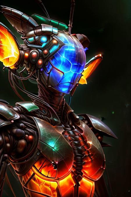 portrait of goddess (long neck, slender arms)) bio armor, helmet with horns, Mantis, greater stag beetle, (luminescen glowing), detailed background, floating particles, insect textures, scifi