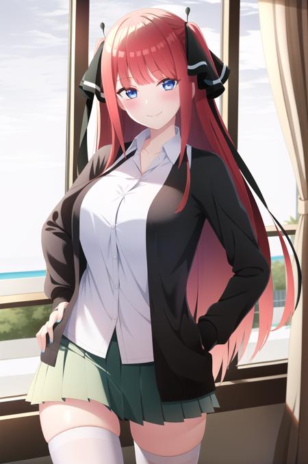 (masterpiece), high quality, (detailed background:1.3), 1girl,
<lora:NakanoNino-v2-06:0.6>, ChopioNino, long hair, red hair, shiny hair, blunt bangs, black ribbon, hair ribbon, blue eyes, (looking at viewer:1.3),
mature female, large breasts,
outfit_1, black cardigan, open cardigan, white shirt, collared shirt, sleeves past wrists, green skirt, pleated skirt, zettai ryouiki, (white thighhighs:1.2),
nail polish,
classroom, desk, window, trees, falling leaves, open window,
standing, happy, smile,