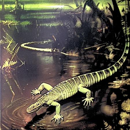 olddinosauroilpainting  lizard monster in a swamp