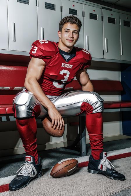 In an American football locker room, (sitting on a locker room bench), legs spread open, YannisPaluan is a (American football player) wearing (((red color jersey))), (solid color jersey), ((shoulder pads)), ((jersey number 33)), (((silver football pants and pads))), (solid color pants), ((red socks)), (long socks), (black sneakers), slight smile, photorealistic, masterpiece, (((full body portrait))), (full body), wide angle,  <lora:YannisPaluan:0.7>