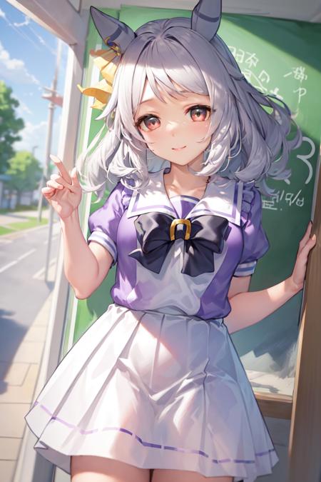 masterpiece, best quality, 
hishi miracle \(umamusume\),
tracen school uniform, ear covers, ear ornament, summer uniform, serafuku, puffy short sleeves, purple bowtie, horseshoe ornament, sailor collar, sailor shirt, purple shirt, white skirt, pleated skirt, frilled skirt, 
<lyco:hishi_miracle_loha-000010:0.6>