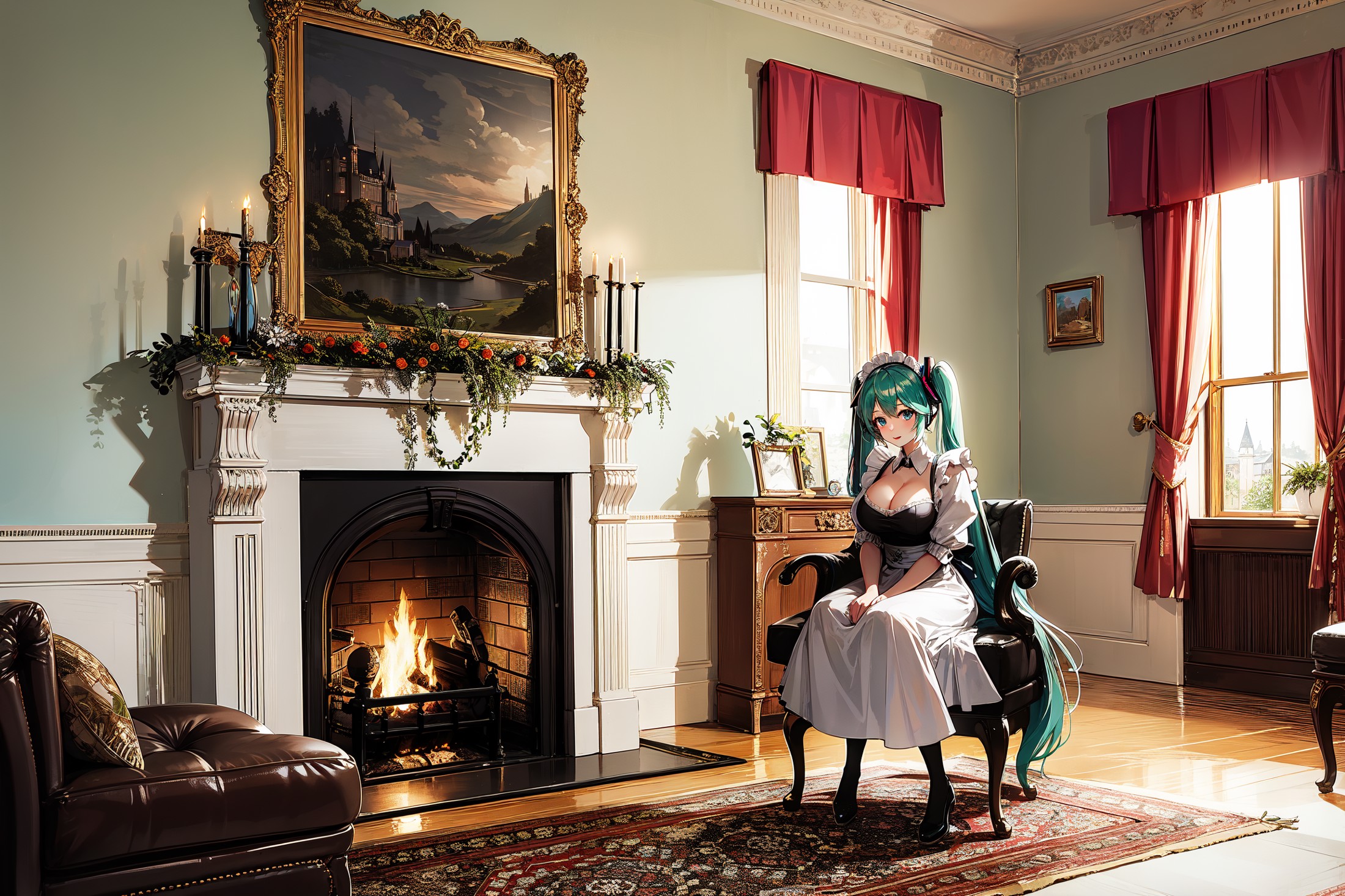 absurdres, highres, best quality, 1girl, scenery, landscape, hatsune miku, castle, maid, full body, fireplace, indoors, cl...