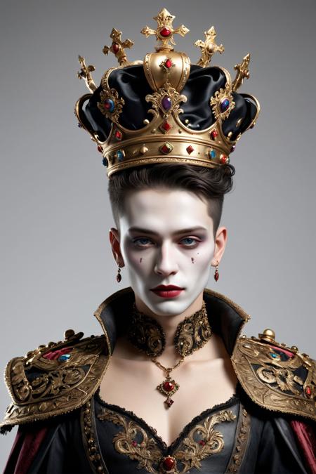 (full body:1.4), hyperdetailed photorealistic character 3D, 1man, Masterpiece of an extraordinary Male character that defies convention, blending the playful spirit of a old (jester clown:0.5) with the mysterious allure of gothic culture, ruined make_up, tired face, peeling makeup, majestic king's armor suit, regally adorned with opulent fabrics and intricate details, reflecting their royal status. Atop their head, an elaborate crown enhances their regal presence. This character is a captivating fusion of whimsy, dark elegance, and majestic authority, (low contrast), soft shadow, cinematic, High_res, cyberpunk style, photo r3al, cyberpunk, (white background:1.7), photoshoot, black cyclo, award photography of European and American (hyper realistic:1.3) 3d game characters, 3D Character, AAA, standing, (full body:1.5), hero pose, casual proportions, intricate character design, hand-drawn drafts,  hand-drawn appearance, sense of nostalgia, memorable look, consistent, coherent,  captivating,  (clear eyes:1.2), (highly detailled eyes:1.2), highly detailled hands, detailled floor, textured socle, dusty ground, intricate shoes, subsurface scattering, occlusion ambiant, ray tracing, hdr, arnold render, 4k, absurdres, hires, xgen, realistic hair, trending on artstation, master piece, intricate, simple darkgrey background, (black background:1.3), (rim lighting:0.3), realistic matte skin, skin texture visible, (sharp focus), (high quality),  <lora:xl_more_art-full_v1:0.4>,  <lora:br_max:0.4>, shallow depth of field, vignette, highly detailed, high budget, bokeh, cinemascope, moody, epic, gorgeous, film grain, grainy, detailed skin texture, highly detailled fabrics, precise linen, precise bump textures, absurd res textures, high glossy, perfect reflection, intricate surfaces, subsurface scattering, ambiant occlusion, subtle scratchs, imperfections, soft shadow, insane detail, detailled stitches and sews, intricate leather