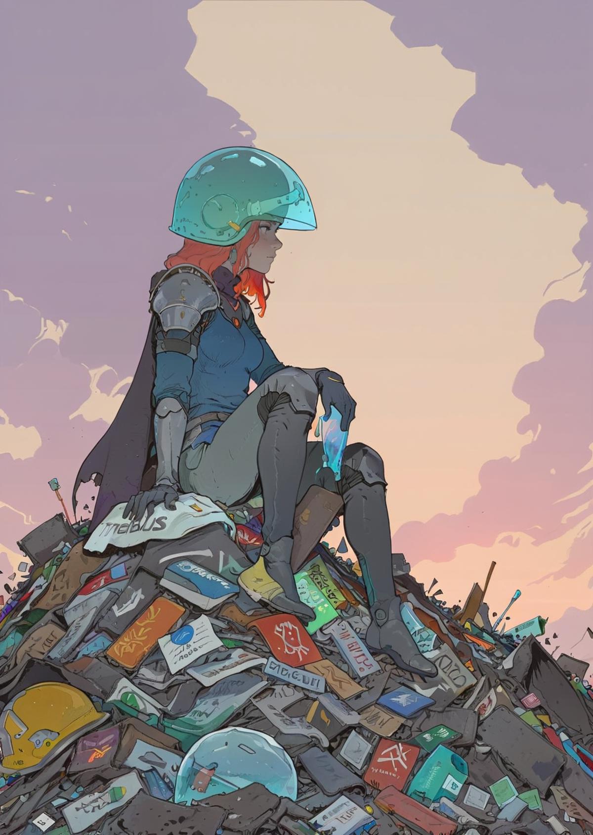 A girl wearing a blue helmet sits on top of a pile of books and magazines.