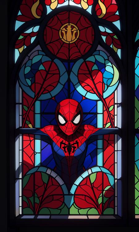 stgl2023, uhd, best quality, masterpiece, trending on arstation, Stained glass window, flat colors, spiderman