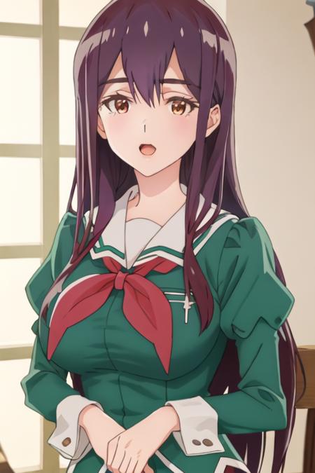 best quality, masterpiece, highres, solo, {yano_mitsuki_watashinoyuriwaoshigotodesu:1.15}, long_hair, purple_hair, brown_eyes, hair_between_eyes, 1girl, bangs, breasts, green_shirt, long_sleeves, neckerchief, red_neckerchief, sailor_collar, school_uniform, white_sailor_collar, juliet_sleeves, puffy_sleeves, shirt, open_mouth, upper_body, serafuku, looking_at_viewer