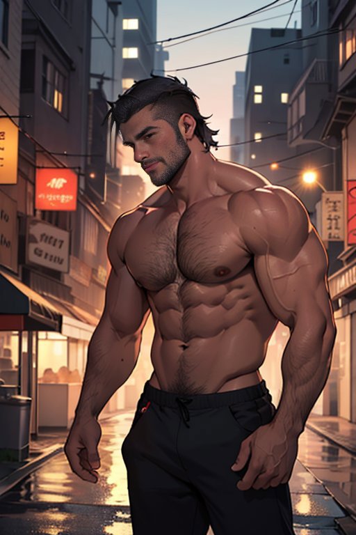 A muscular man with a beard and shirtless, standing in a city street at night.