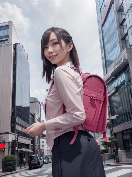 RAW photo, portrait, best quality, high res
a women with light smile is carrying randoseru backpack and wearing business jacket suits and business skirt in Marunouchi Tokyo district with a lot of sky high commercial buildings, view from side
<lora:randoseru_v1.3:1>
<lora:real_model_suppin:-0.8>