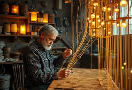 a skilled time weaver in a workshop adorned with luminous spools of glowing threads, delicately stitching together fragmented timelines to craft seamless tapestries of past, present, and future events, suspended in the air around them