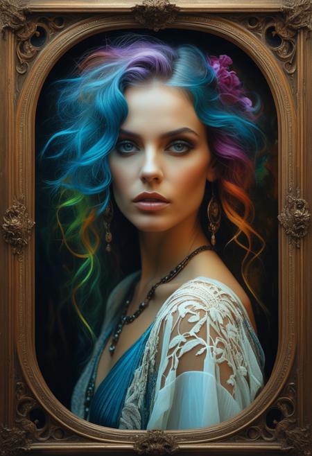 Provocative woman as main subject. castle as background.Gorgeous, beautiful, multicolored hair, blue eyes, excentic, Ben Bauchau, Michael Garmash, Daniel F Gerhartz, Clint Cearley, Carne Griffiths, Jean Baptiste Monge, strybk style, warm dreamy lighting, matte background, volumetric lighting, pulp adventure style, fluid acrylic, dynamic gradients, bold color, illustration, highly detailed, simple, smooth and clean vector curves, vector art, smooth, johan grenier, character design, 3d shadowing, fanbox, cinematic, ornate motifs, elegant organic framing, hyperrealism, posterized, masterpiece collection, bright lush colors, TXAA, penumbra, alcohol paint, wet gouache, ultrarealistic, film grain, surreal, moody, ethereal fantasy, amazing depth, cinematic film still, sharp focus, (James Christensen),bohemian,Boho gypsy, Gustav Klimt, (Anne Bachelier:1.2), (Lillian Bassman, Erwin Blumenfeld),shabby chic,, 1920s retrofuturism, industrial, art deco, coherent, (Dieselpunk:1.3)