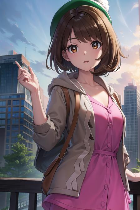 pokemongloria, <lyco:pokemongloria-lyco-nochekaiser:1>,
pokemongloria, (brown eyes:1.5), brown hair, medium hair, (small breasts:1.2),
BREAK cardigan, dress, green headwear, grey cardigan, hood, hood down, hooded cardigan, long sleeves, pink dress, short dress,
BREAK looking at viewer, full body, upper body,
BREAK outdoors, city, sky,
BREAK <lyco:GoodHands-beta2:1>, (masterpiece:1.2), best quality, high resolution, unity 8k wallpaper, (illustration:0.8), (beautiful detailed eyes:1.6), extremely detailed face, perfect lighting, extremely detailed CG, (perfect hands, perfect anatomy),