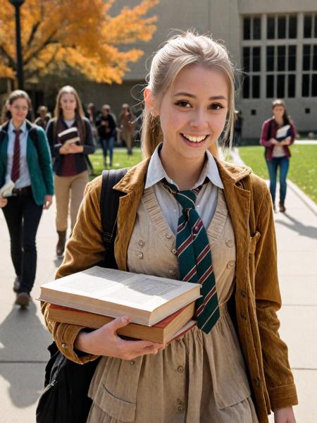 brtia, sunken eyes, 25-year-old woman, wearing a burlap dress, corduroy jacket, and a loose necktie, blonde hair in ponytail, content expression, walking through a bustling campus, carrying a stack of books, score_9, busty:0.5, RAW photograph, best prompt, lively, outdoor setting, good prompt, score_9, relaxed, approachable, academic, professor”
 