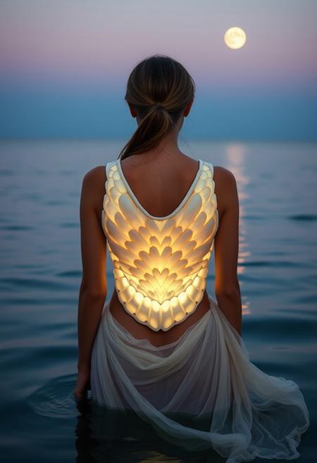 A serene woman gazes out over a tranquil ocean, her torso protected by a large, sculpted shell breastplate that glows softly under the twilight sky. Flowing, gauzy textiles wrap around her waist, mimicking the gentle waves. The water is still, reflecting the soft light of the moon as small bioluminescent creatures flicker beneath the surface.