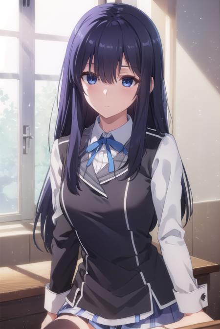 ayaseayatsuji, <lora:ayase ayatsuji s1-lora-nochekaiser:1>,
ayase ayatsuji, long hair, black hair, hair over one eye, (grey eyes:1.3),
BREAK skirt, long sleeves, school uniform, juliet sleeves,
BREAK indoors, classroom,
BREAK looking at viewer, (cowboy shot:1.5),
BREAK <lyco:GoodHands-beta2:1>, (masterpiece:1.2), best quality, high resolution, unity 8k wallpaper, (illustration:0.8), (beautiful detailed eyes:1.6), extremely detailed face, perfect lighting, extremely detailed CG, (perfect hands, perfect anatomy),