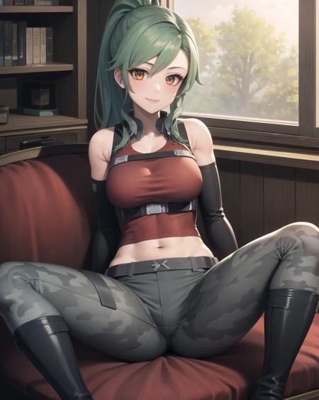 best quality, (masterpiece:1.2), illustration, absurdres,
(1girl),  (solo), (beautiful detailed girl), (cowboy shot:1.1),
<lora:Aida-08:0.8>, green hair, ponytail, orange eyes, medium breasts, (abs:0.8),
red vest, combat vest, bare shoulders, black gloves, grey pants, camouflage, black boots, black gloves,
inside bedroom, on bed, sitting, spread legs, (agura:1.1),
window, bookcase, table,
smile, cool, looking at viewer,