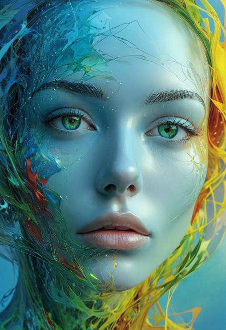 A digital art piece showcases a mysterious, pulsating sphere with a detailed, close-up depiction of an abstract female face. The face features a gentle, ethereal color scheme consisting of blue, green, yellow, and red hues. The backdrop is peaceful and subdued. The artwork incorporates an optical illusion that alters the viewer's perspective.
