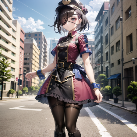 Mysterious_Ranmaru_X a anime character dressed standing,1girl, eyepatch, pantyhose, black hair, wrist cuffs, boots, solo, hat, dress, black pantyhose, short hair, hair over one eye, outdoors, city background, small breast, flat chest,