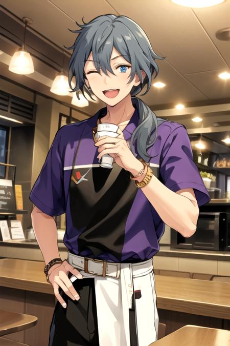 <lora:NikiShiina-08:0.7> ,niki, solo, long hair, looking at viewer, smile, open mouth, blue eyes, shirt, 1boy, holding, hair between eyes, jewelry, blue hair, grey hair, male focus, one eye closed, food, belt, pants, indoors, bracelet, cup, black pants, hair over shoulder, low ponytail, teacup, spoon, purple shirt, white belt, restaurant, counter, ceiling light