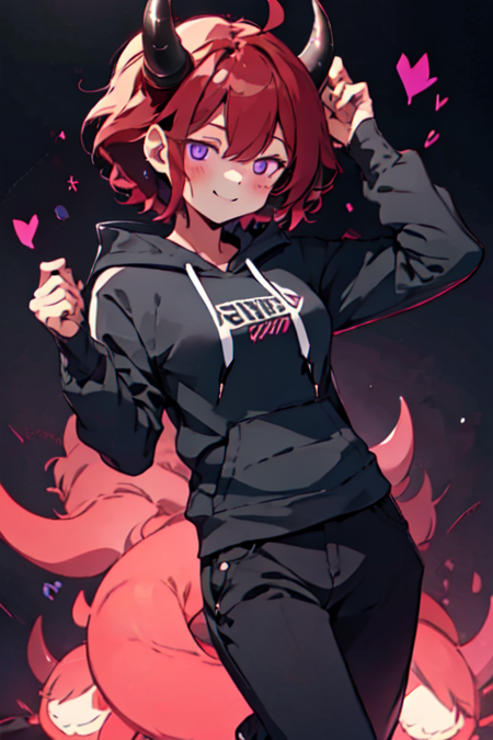 1girl, solo, breasts, looking at viewer, blush, smile, short hair, bangs, long sleeves, purple eyes, tail, ahoge, heart, red hair, horns, pants, hand up, hood, black footwear, hoodie, black pants, hood down, black background, demon horns, black hoodie