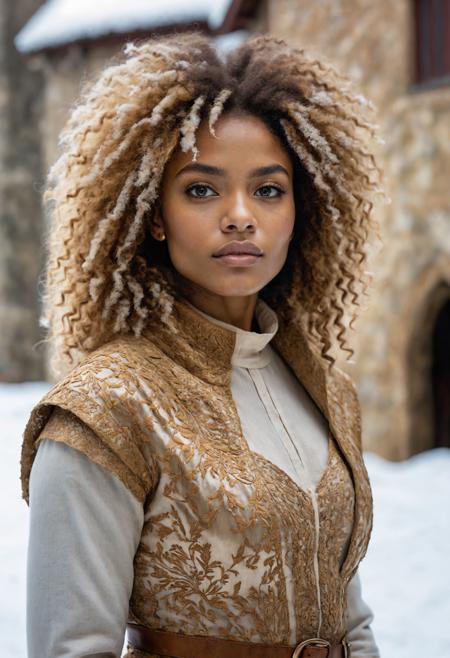 Craft a highly detailed cinematic portrait, capturing the essence of a character in a cinematic setting. 
Feminine Figure .
South American .
Hair Style: Afro.
Hair Color: Honey Blonde .
Eye Color: Amber Gold .
Cinematic Explorer .
Cinematic Location Ancient Castle .
Cinematic Lighting Subtle Candlelight .
Snowy and Frosty .
Skin Detail: The skin exhibits ultra-detailed features down to the pores, capturing every nuance and texture with precision.
<lora:add-detail-xl:1> <lora:sdxl_offset_example_v10:1>