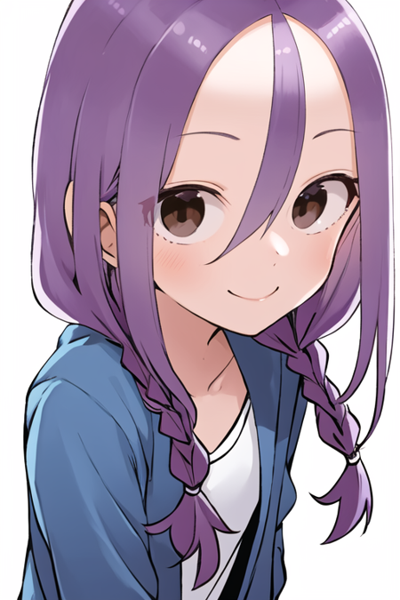 masterpiece, best quality, 1girl, brown eyes, twin braids, flat chest, purple hair, hair between eyes , closed mouth, smile, looking at viewer, shogi, shogi piece, shirt, long hair, simple background, solo, upper body, blue jacket, white shirt.