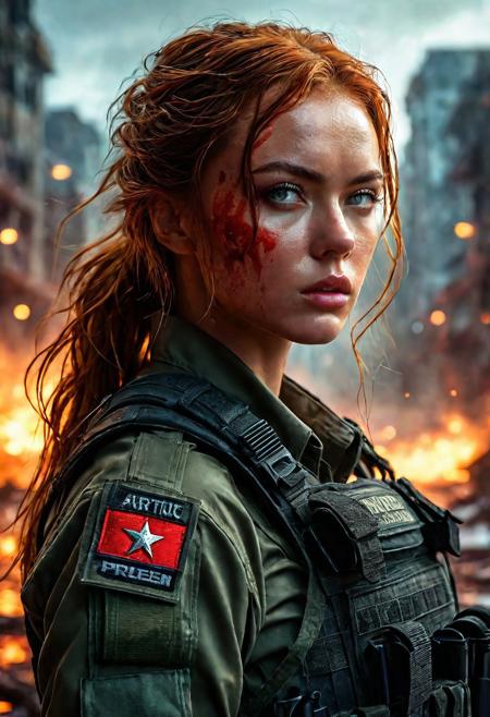 High resolution ultra-realistic of Beautiful bloody Soldiers girl  fighting against alien invasion, cinematic style, standing on a bloody and stormy battle in a destroyed city in a fighting pose, bloody and dirty, realistic combat uniform, army tactical vest, brown camouflage, perfect athletic figure, wavy long red hair, handsome bloody face, beautiful perfect detailed pupils, wet oily shiny skin, covered in dirty and blood, beautiful firm Breasts, defiant and seductive, attractive Sadie Sink as 21 year old female soldier, 8k resolution concept art portrait by Greg Rutkowski, Dark City, Artgerm, WLOP, Alphonse Mucha, dynamic lighting, hyperdetailed, intricately detailed, Splash art trending on Artstation triadic colors, Unreal Engine, 5 volumetric lighting, Cinematic Lighting, intricate, smooth, sharp focus digital painting, Asymmetrical Balance, realistic eyes, ultra detailed atmospheric details, sparkle effects, realistic body proportions, beautiful body female soldier proportions, complex masterpiece, dramatic atmosphere
