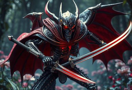 Skeletal Bat-Cobra Warrior: 8K, octane render, Unreal Engine 5, Raphael and Houdini style, splash ink illustration, grammer effect, black, silver, red and gold armor (helmet with visor, flowing cape), two swords, skull face, cobra legs, Forest of Lost Flowers background, dynamic pose, captivating lighting, super detailed facial and eye features, contemporary multicolored aesthetics, impeccable composition, creative angle, attractive background, hyperdetailed, Artstation trending, masterpiece. Focus on a dramatic, high-contrast image with vibrant colors and intricate details. Emphasize the skull-like face, the flowing cape, and the dynamic pose. The Forest of Lost Flowers should be a lush, contrasting backdrop.