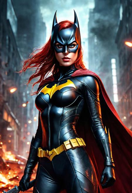 High resolution ultra-realistic of beautiful realistic Batgirl fighting against alien invasion, cinematic style, standing on a bloody and stormy battlefield in a fighting pose, bloody massacre, realistic modern combat costume, black mask, red cape, perfect athletic figure, wavy red hair, handsome dirty bloody face, beautiful perfect detailed pupils, wet oily shiny skin, covered in dirt and blood, beautiful firm Breasts, defiant and seductive, sexy 20 year old girl, 8k resolution concept art portrait by Greg Rutkowski, Dark Gotham City, Artgerm, WLOP, Alphonse Mucha, dynamic lighting, hyperdetailed, intricately detailed, Splash art trending on Artstation triadic colors, Unreal Engine, 5 volumetric lighting, Cinematic Lighting, intricate, smooth, sharp focus digital painting, Asymmetrical Balance, painting, dynamic lighting