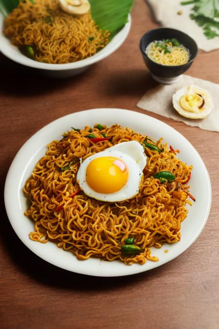 food, photography, miegoreng with egg fried and chilies on banana leaf, wooden table, soft focus, dramatic light, low ligt, blurry background <lora:ARWmiegoreng:1>