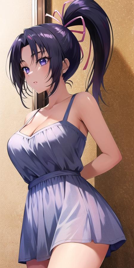 <lora:KousakaShigureV2:0.7>, kousaka_shigure, ponytail,  large_breasts, standing, solo, sundress,, masterpiece, best quality, detailed face, detailed eyes, highres,