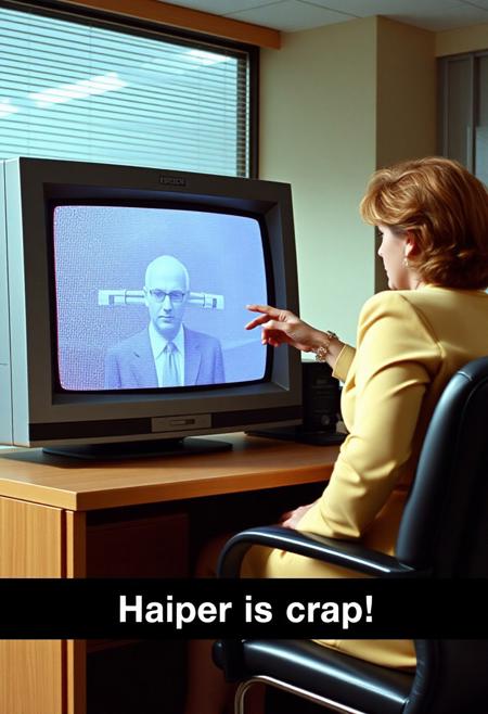 Scene from a 1985 movie scene inside an office building.  An angry boss lady sits on a desk next to a large CRT tv, both facing the viewer. On the screen of the CRT we can see a digital vector render of poor quality. The lady is pointing to the TV with one hand and subtitles text read "Haiper is crap!" In a blocky font. The visual style is similar to that of the robocop movie.