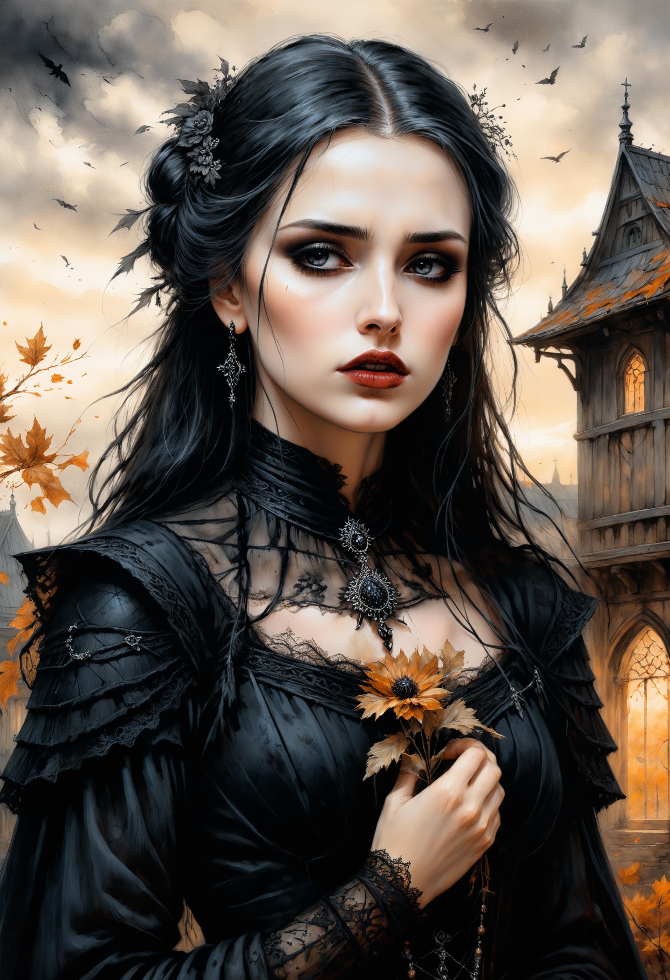 A lady with long dark hair holding a yellow flower in front of a castle.