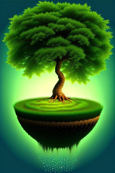 highly detailed, high quality, circle shaped tree, tree floating, glowing tree, roots,  transparent water background,