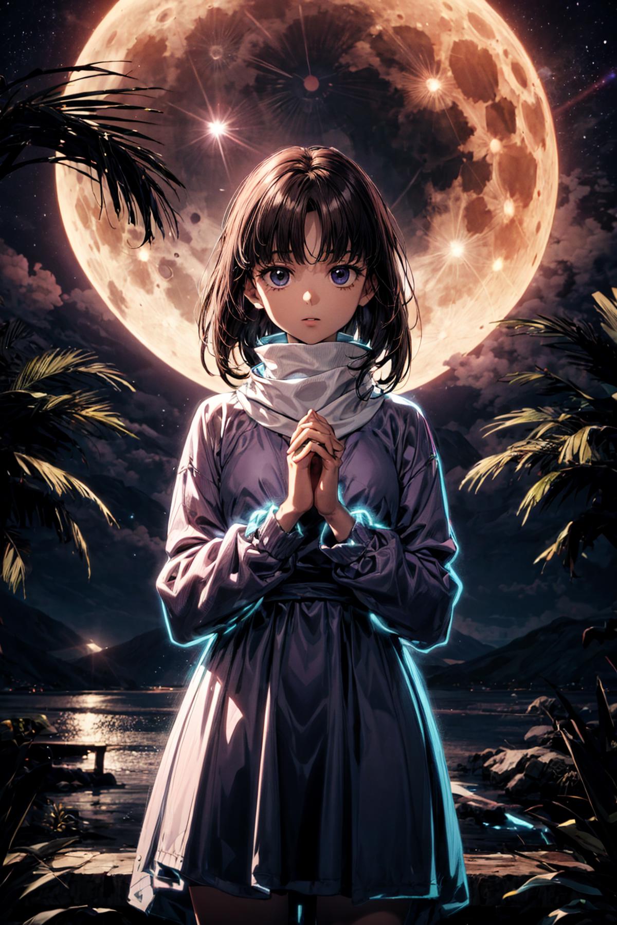 An Anime Character Praying Under a Moonlit Sky